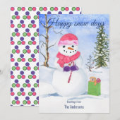 Sneeuwman roze sjaal snoep-riet Happy Snow days Feestdagenkaart (Voorkant / Achterkant)