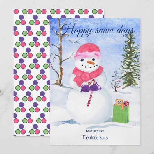 Sneeuwman roze sjaal snoep-riet Happy Snow days Feestdagenkaart (Voorkant / Achterkant)