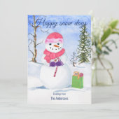 Sneeuwman roze sjaal snoep-riet Happy Snow days Feestdagenkaart (Staand voorkant)