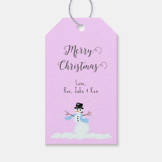 Sneeuwman Roze Vrolijk Kerstfeest Stropdas op Gift Cadeaulabel (Voorkant)