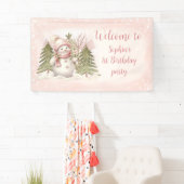  Sneeuwman Roze Winter 1e Verjaardagsbanner Spandoek (Insitu)