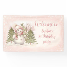  Sneeuwman Roze Winter 1e Verjaardagsbanner