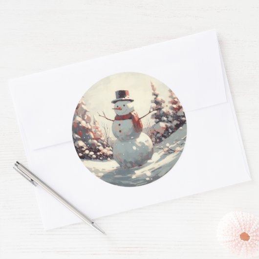 Sneeuwman  schilderij ronde sticker (Envelop)
