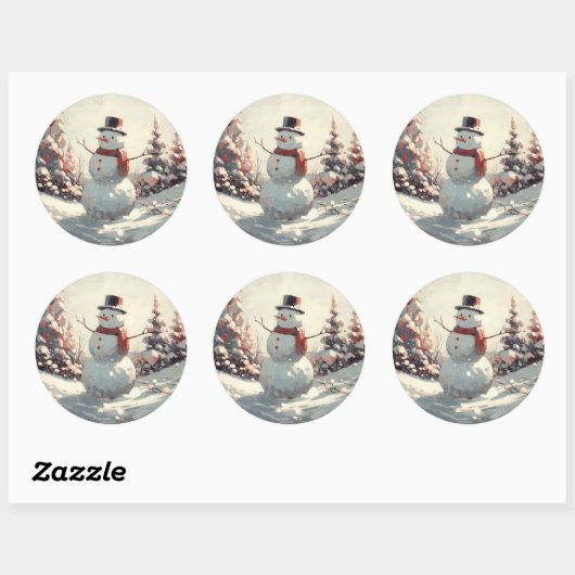 Sneeuwman  schilderij ronde sticker (Vel)