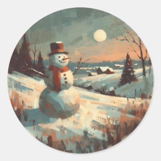 Sneeuwman schilderij ronde sticker