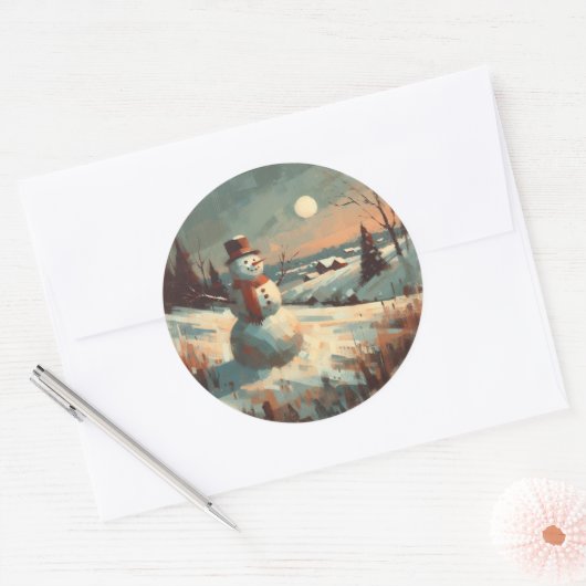Sneeuwman  schilderij ronde sticker (Envelop)