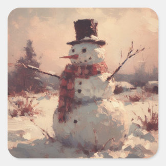 Sneeuwman  schilderij vierkante sticker