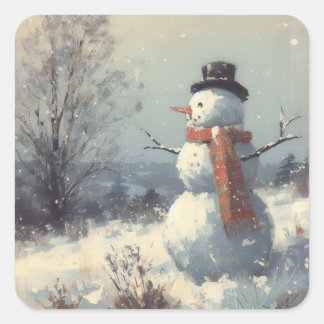 Sneeuwman  schilderij vierkante sticker