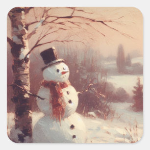 Sneeuwman  schilderij vierkante sticker