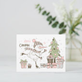 Sneeuwman skiën met kerstboom en cadeaus briefkaart (Staand voorkant)