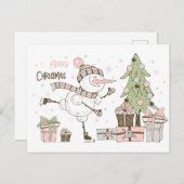 Sneeuwman skiën met kerstboom en cadeaus briefkaart (Voorkant / Achterkant)