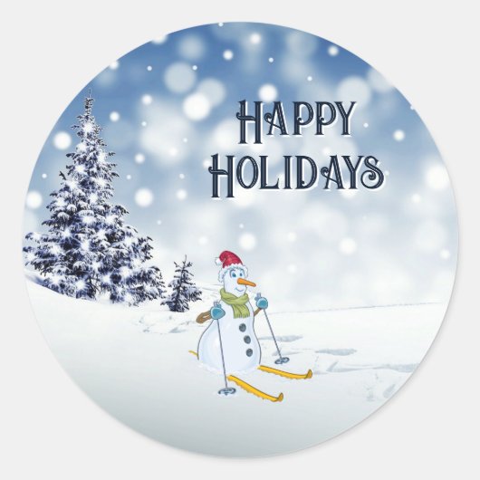 Sneeuwman Skiing Kerstvakantie Sticker (Voorkant)