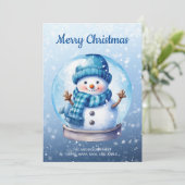 Sneeuwman Sneeuwbol Blauw Wit Vrolijk Kerstfeest Feestdagenkaart (Staand voorkant)