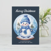 Sneeuwman sneeuwbol Navy Blauw Wit Vrolijk Kerstfe Feestdagenkaart (Staand voorkant)