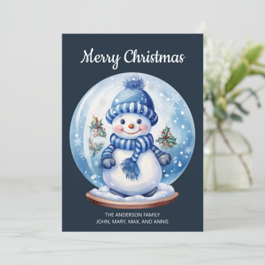 Sneeuwman sneeuwbol Navy Blauw Wit Vrolijk Kerstfe Feestdagenkaart (Staand voorkant)
