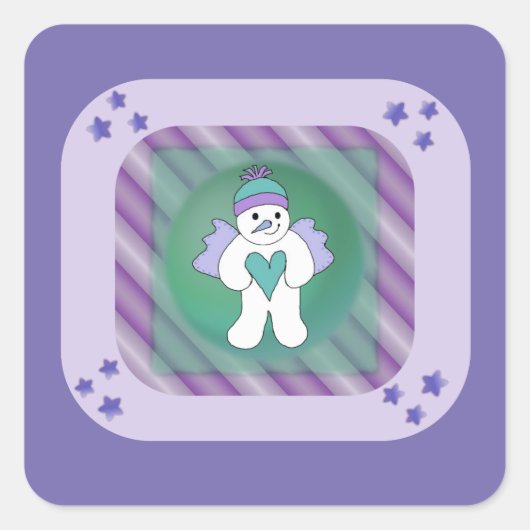 Sneeuwman Sneeuwengel Paarse Vierkante Sticker (Voorkant)
