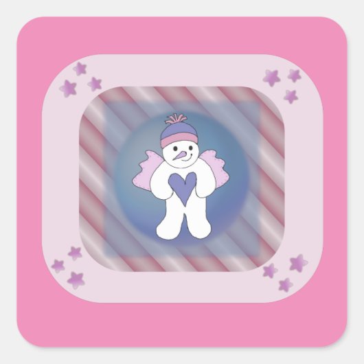 Sneeuwman Sneeuwengel Roze Vierkante Sticker (Voorkant)