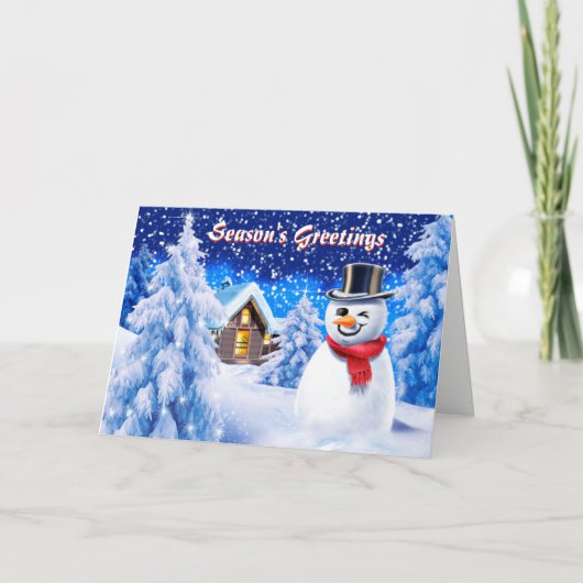 Sneeuwman sneeuwscène schattige kerstkaart feestdagen kaart (Voorkant)