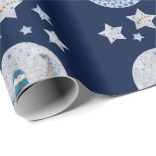Sneeuwman, sparren, gouden sterren op blauw cadeaupapier
