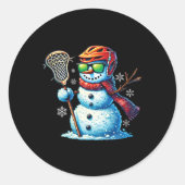 Sneeuwman speelt Lacrosse Grappige Lacrosse Speler Ronde Sticker (Voorkant)