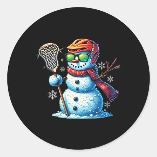 Sneeuwman speelt Lacrosse Grappige Lacrosse Speler Ronde Sticker (Voorkant)