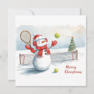 Sneeuwman speelt tennis Kerstmis waterverf Feestdagenkaart