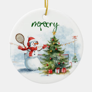 Sneeuwman speelt tennis Kerstmis waterverf      Keramisch Ornament