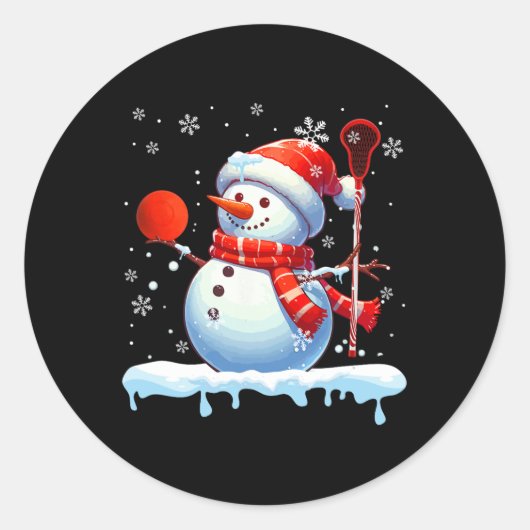 Sneeuwman spelen Lacrosse Christmas Player Fan Lov Ronde Sticker (Voorkant)
