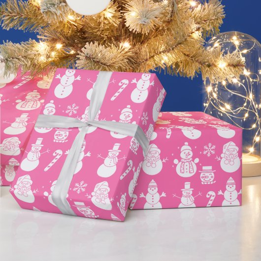 Sneeuwman Sterren Schattige Roze Xmas Retro  Cadeaupapier (Feestdagen)