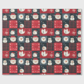 Sneeuwman Tartan Plaid Rood & Zwart Kerstmis Cadeaupapier (Vlak)