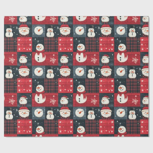 Sneeuwman Tartan Plaid Rood & Zwart Kerstmis Cadeaupapier (Vlak)