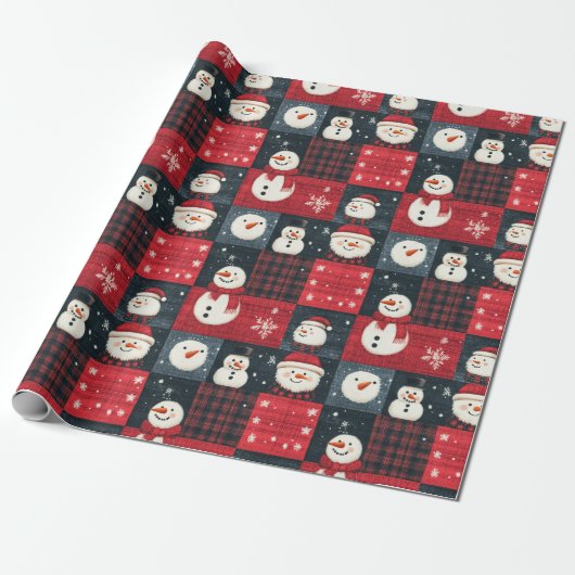 Sneeuwman Tartan Plaid Rood & Zwart Kerstmis Cadeaupapier (Uitgerold)