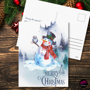 Sneeuwman & Uil Waterverf Winter Scene Kerstmis Feestdagenkaart