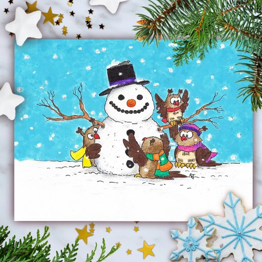 Sneeuwman Uilen kerstkaart Briefkaart