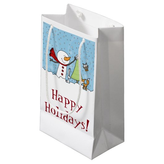 Sneeuwman versiert boom met boswezens klein cadeauzakje (Voorkant Gekanteld)