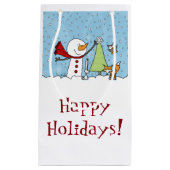 Sneeuwman versiert boom met boswezens klein cadeauzakje (Voorkant)