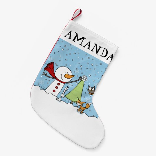 Sneeuwman versiert boom met boswezens kleine kerstsok (Voorkant (Hangend))