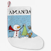 Sneeuwman versiert boom met boswezens kleine kerstsok (Voorkant)