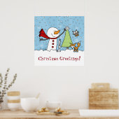 Sneeuwman versiert boom met boswezens poster (Keuken)