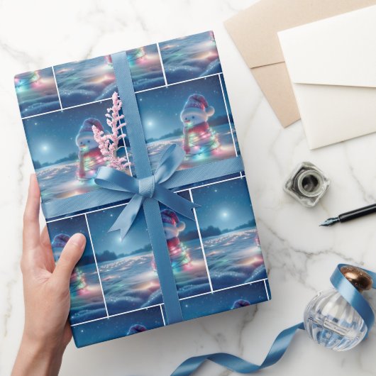 Sneeuwman verstrikt in gloeiende kerstverlichting cadeaupapier (Geschenken)