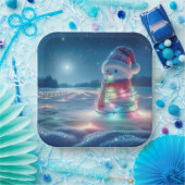 Sneeuwman verstrikt in gloeiende kerstverlichting papieren bordje (Feest)