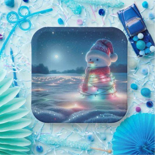 Sneeuwman verstrikt in gloeiende kerstverlichting papieren bordje (Feest)