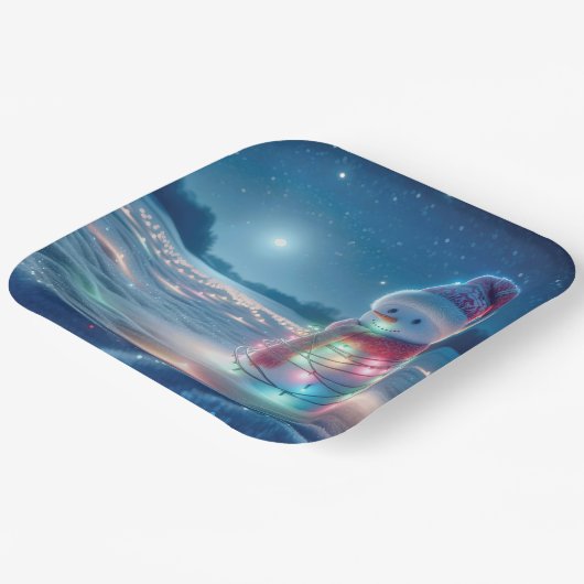 Sneeuwman verstrikt in gloeiende kerstverlichting papieren bordje (Gebogen)