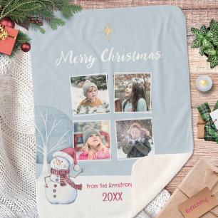 Sneeuwman Vier Foto Collage Kerstmis Sherpa Deken