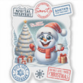 Sneeuwman viert kerst met cadeautjes sticker (Voorkant)
