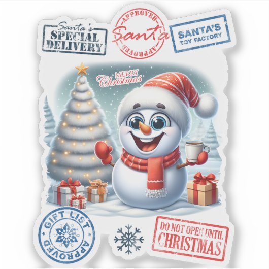 Sneeuwman viert kerst met cadeautjes sticker (Voorkant)