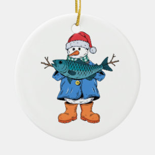 Sneeuwman Visser Kerstmis 2026 Vakantie Vissen Keramisch Ornament