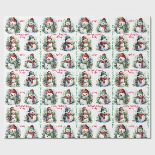 Sneeuwman Voeg kindernaam kerst schattigheid Cadeaupapier (Vlak)