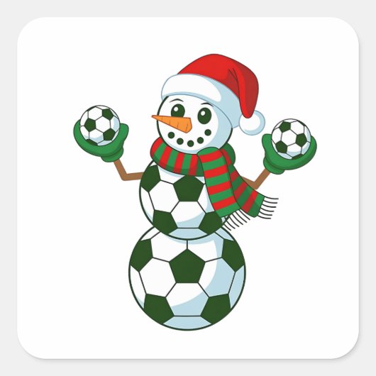 Sneeuwman Voetbal Kerstmis Sportliefhebbers Vierkante Sticker (Voorkant)