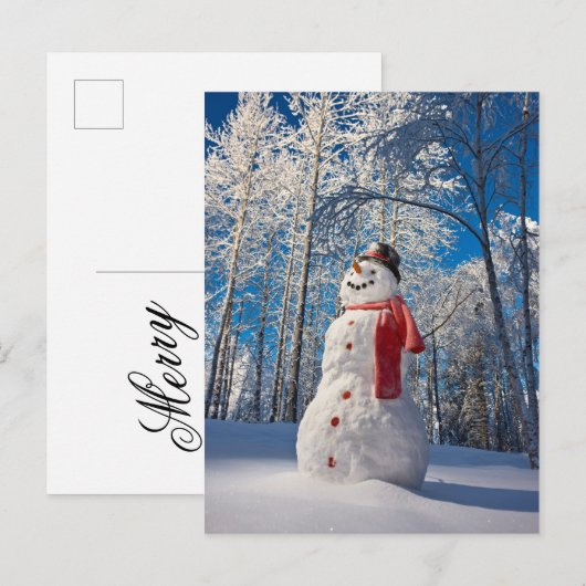 Sneeuwman voor met sneeuw bedekt bos feestdagenkaart (Voorkant / Achterkant)